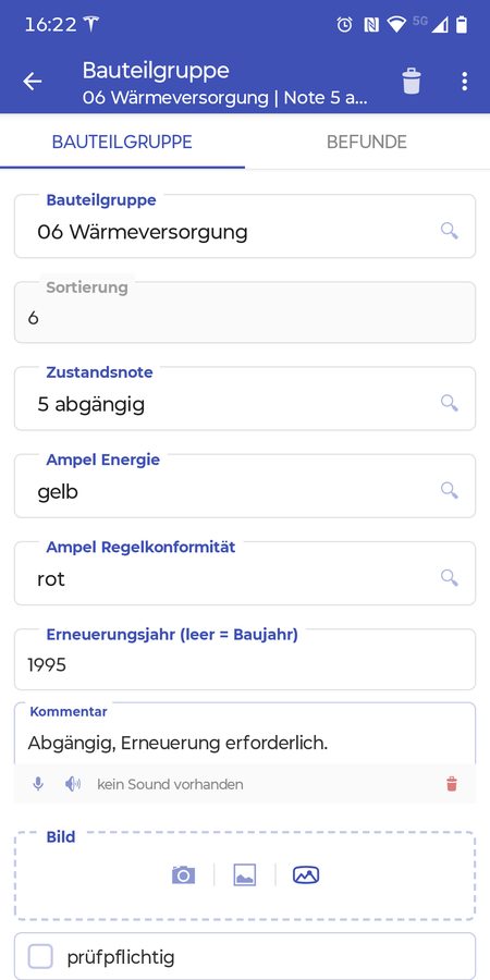 DOC.mobile App: Bauteilgruppe Wärmeversorgung mit Zustandsnote, Ampel Energie und Ampel Regelkonformität.