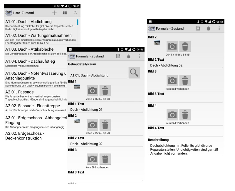 TDD-Aufnahme auf dem mobilen Gerät: Zustandsbewertung Bauteil für Bauteil mit Foto und Befundtext.